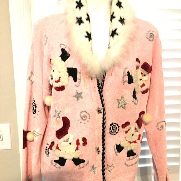 berek Sweaters - Baby Pink Boa Star & Santa Berek Christmas Sweater - Large Vintage Sw1